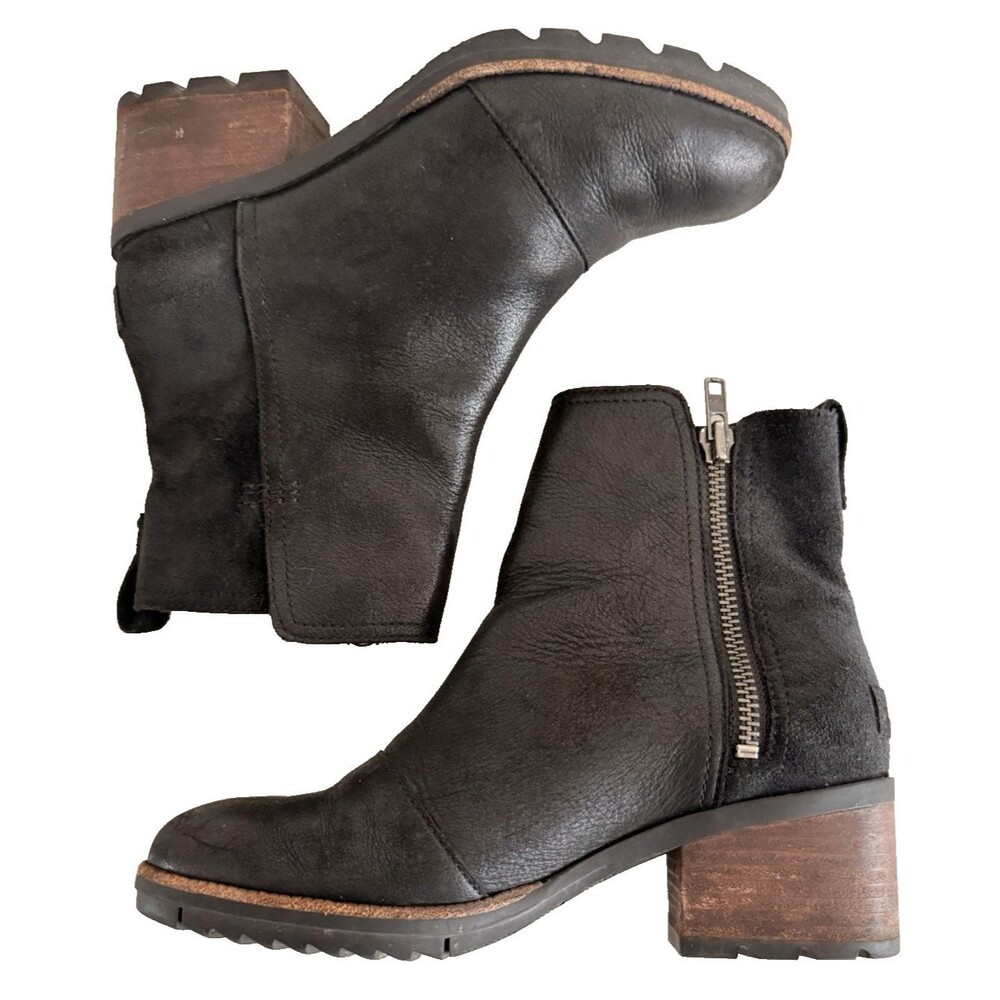 Sorel Cate Waterproof Ankle Boots Size 6.5 Black Leather Block Heels NL3381-010